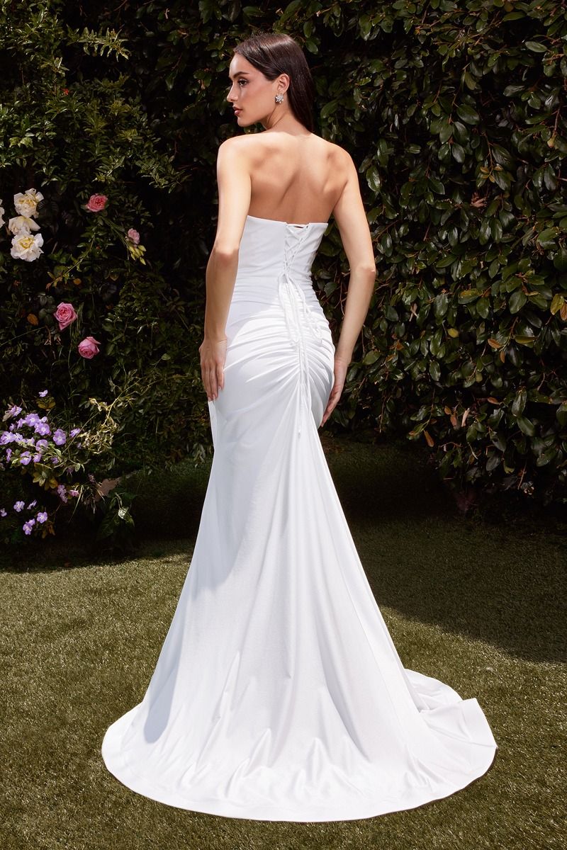 AVA POINTED V-NECKLINE GOWN - STRAPLESS STRETCH SPANDEX SATIN FITTED DRESS
