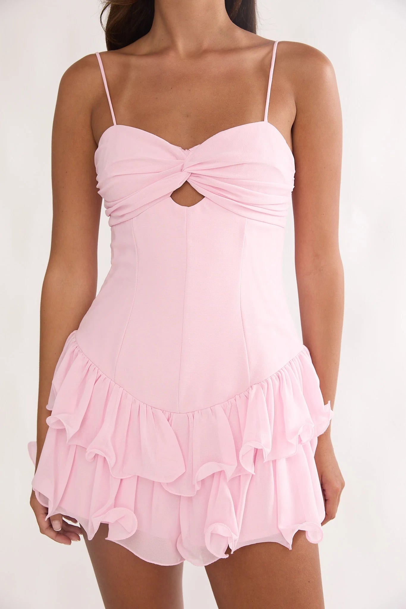 Elegeleges Heartstring Layered Hem Mini Dress Pink