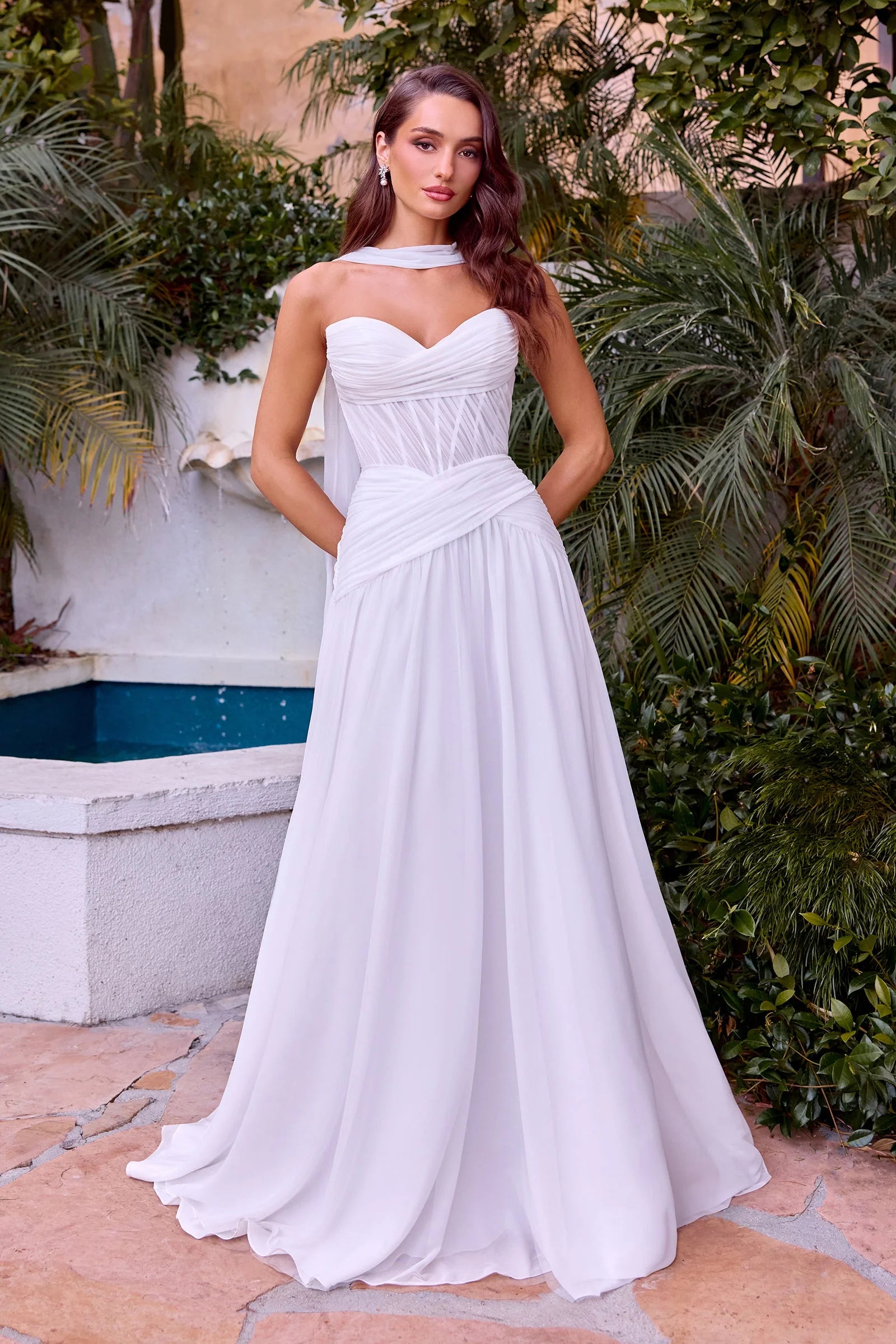 Kimberly Gown - Off-White Chiffon A-line Dress With Scarf