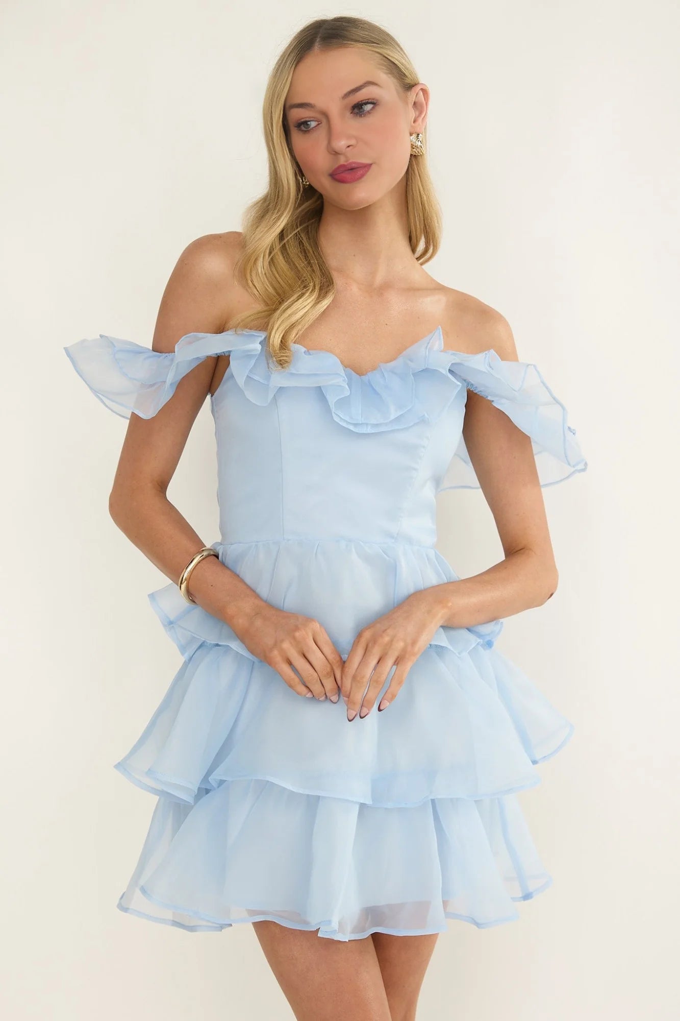 Elegeleges Off-Shoulder Ruffle Mini Dress Sky Blue
