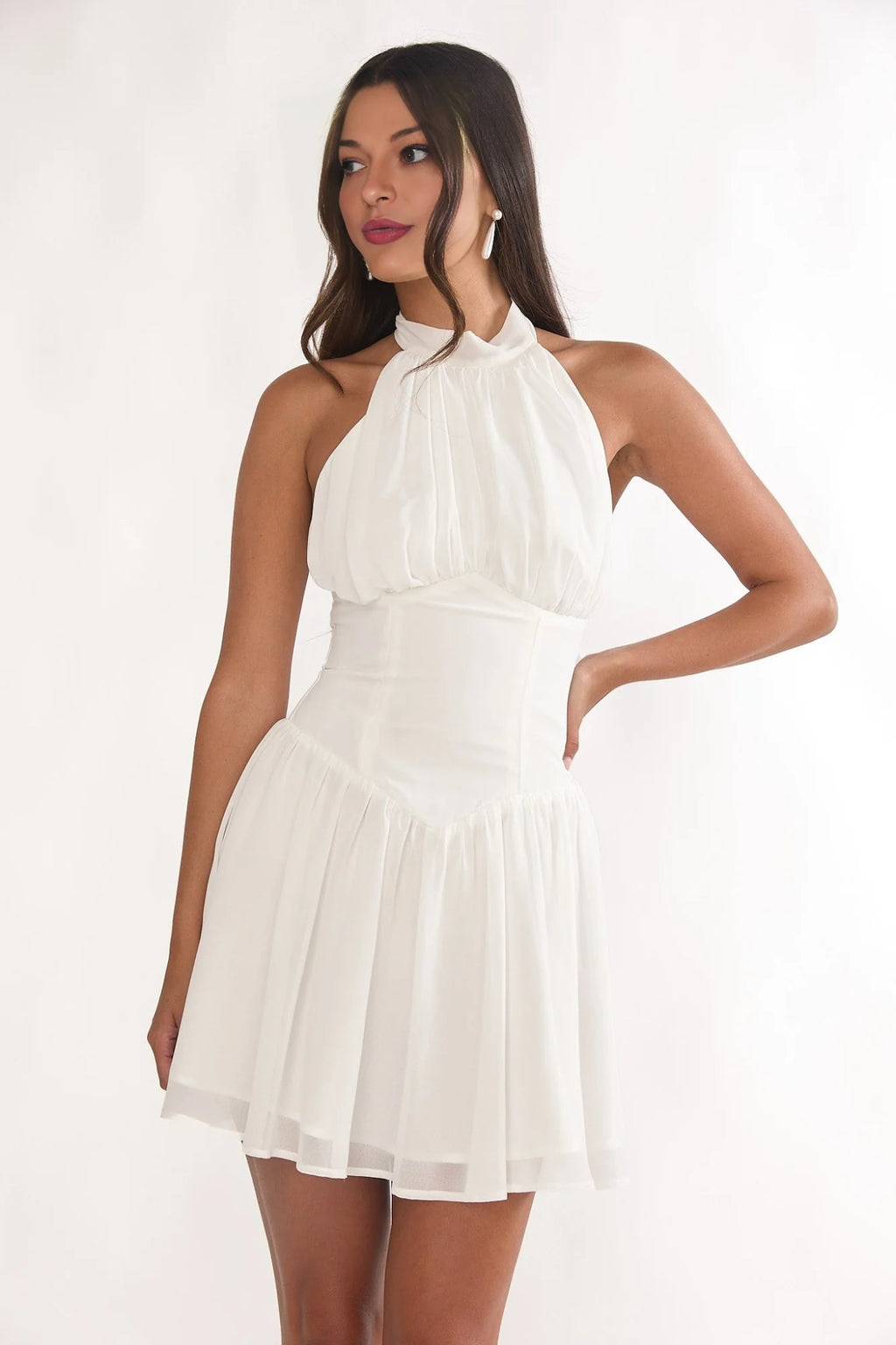 Elegeleges High Neck Halterneck Mini Dress White