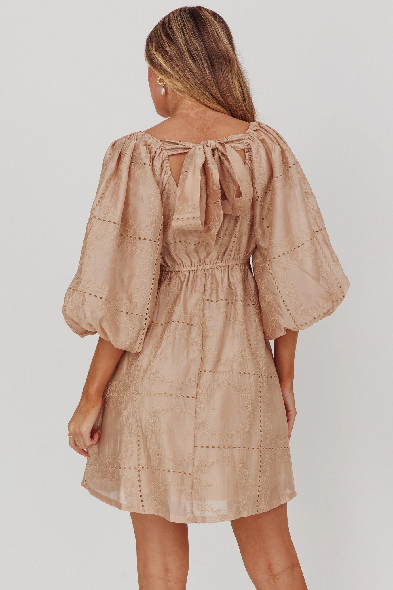 Summerlin Puff Sleeve Eyelet Mini Dress Beige