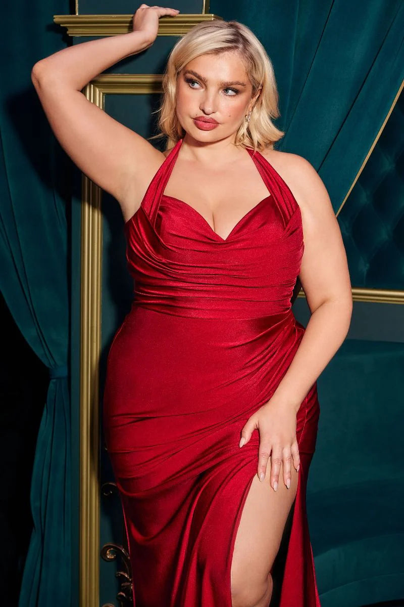 Autumn Gown - Stretch Spandex Satin Halter Fitted Dress