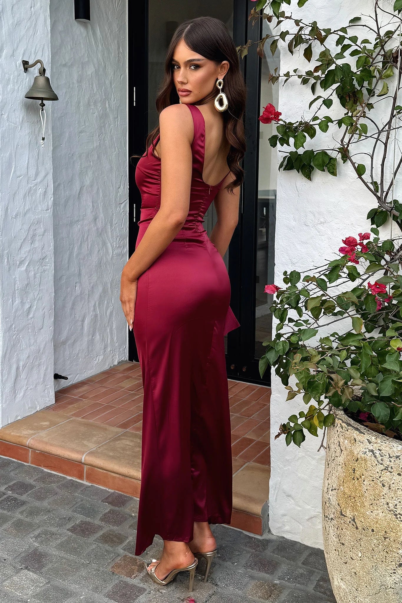 Kensington High Neck Satin Maxi Dress - Burgundy