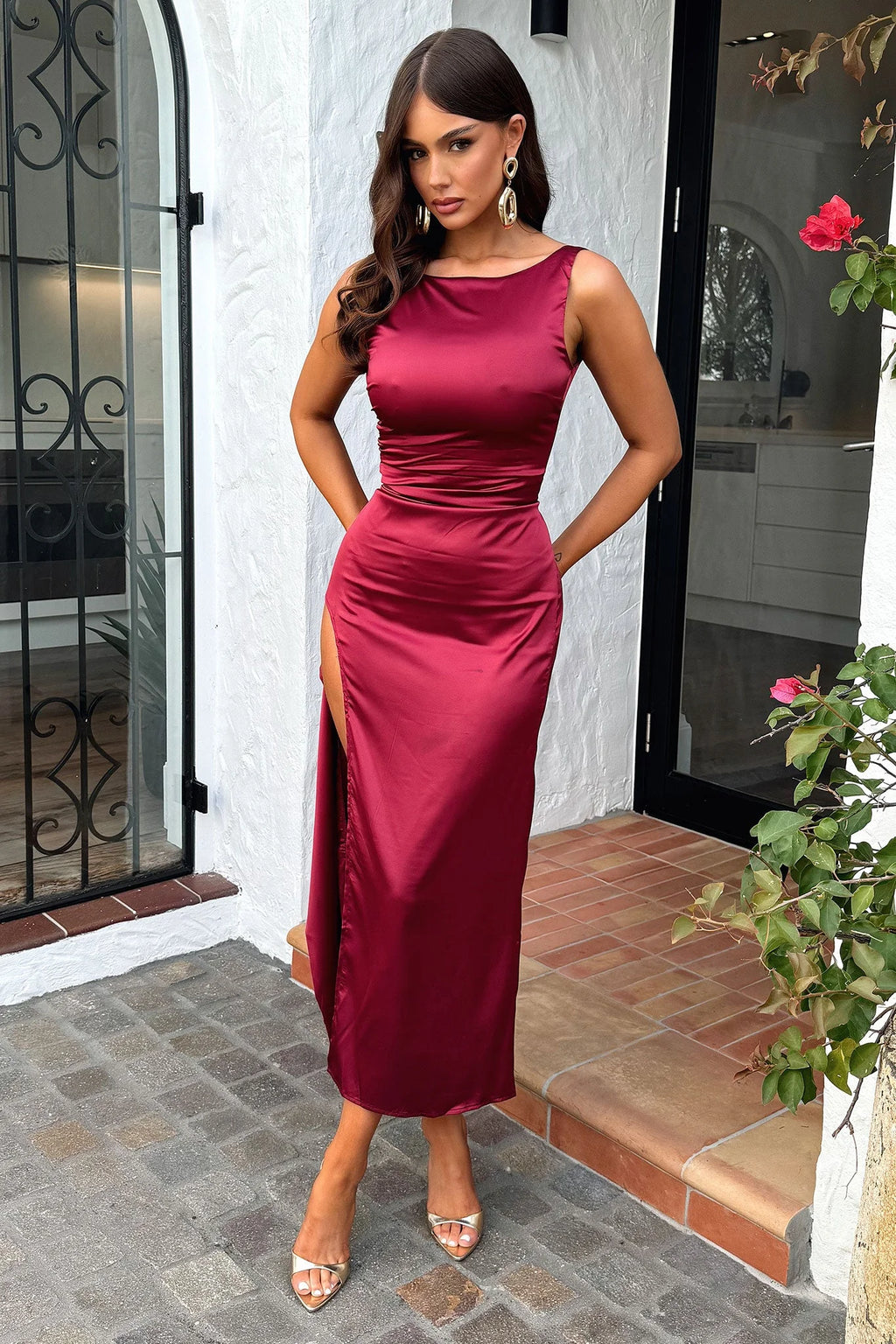 Kensington High Neck Satin Maxi Dress - Burgundy