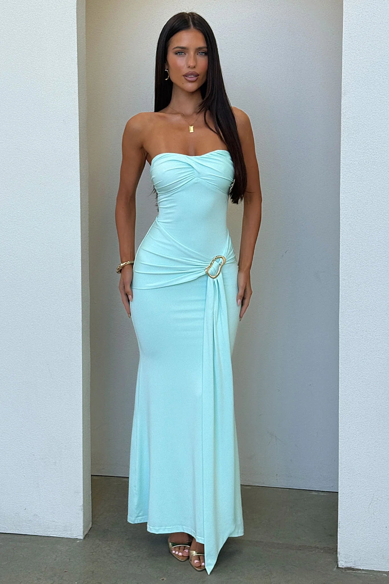Monique Strapless Wrap Maxi Dress - Aqua