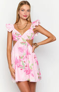 Elegeleges Pink Floral Print Mini Dress