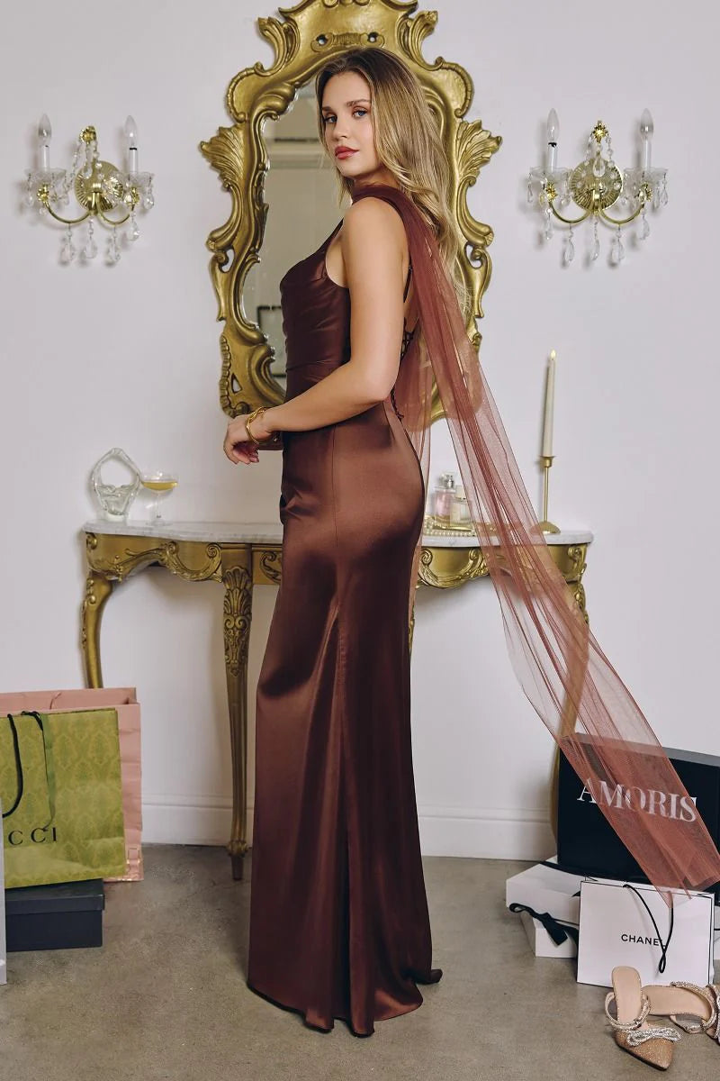 Toby Maxi - Satin Dress with Lace Up Back & Scarf