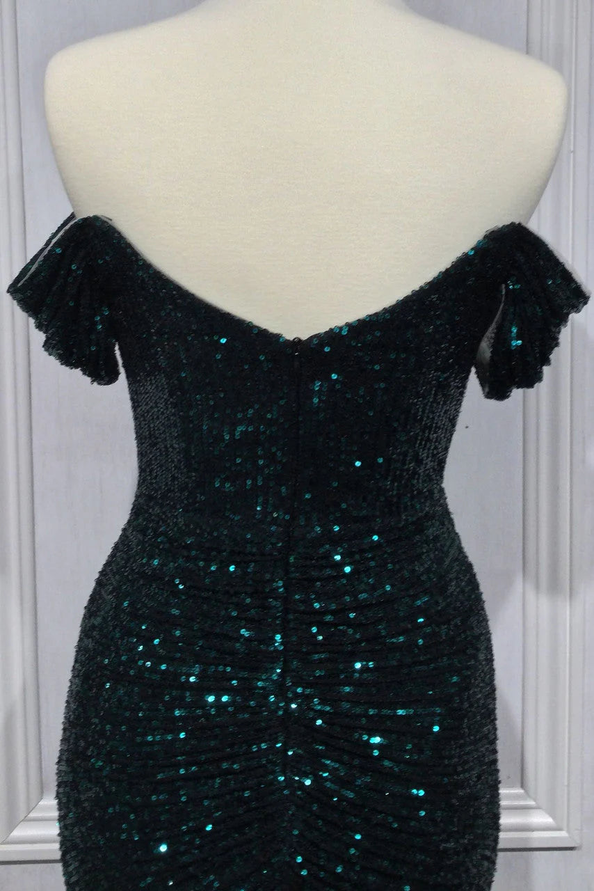 Fallon Gown - Emerald - OFF THE SHOULDER RUCHED SEQUIN GOWN