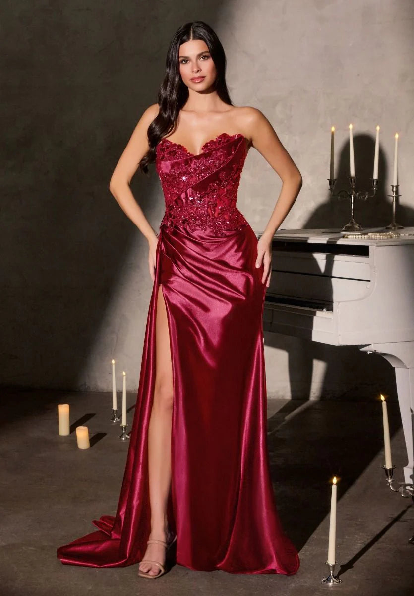 Leslie Gown – Strapless Floral Beaded Satin Evening Dress