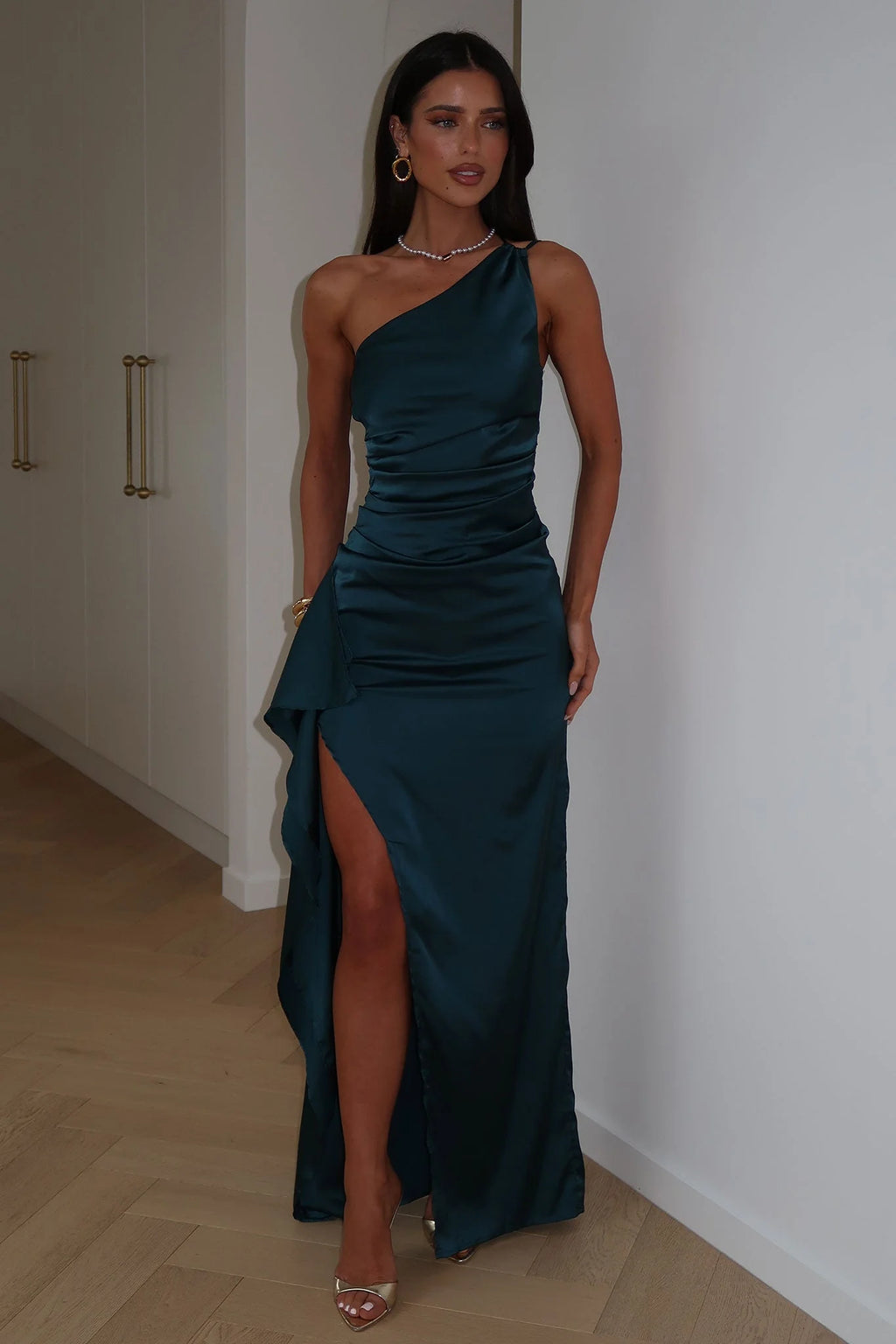 Elianna One Shoulder Satin Maxi Dress - Teal