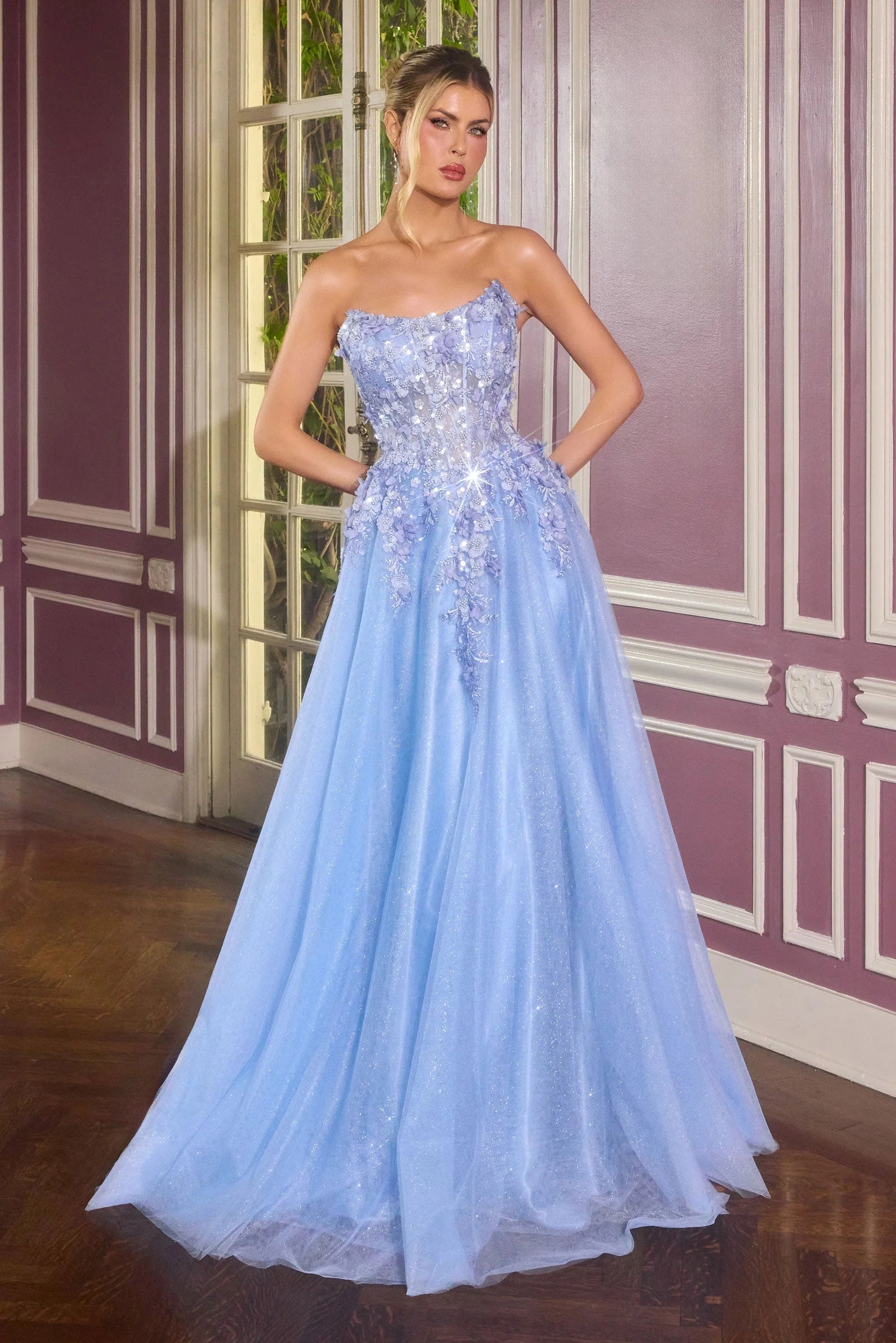 April Scoop Neck Ball Gown with Floral Appliqué