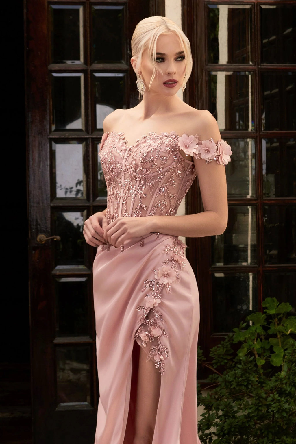 Rosaline Gown - Floral Detail Off-The-Shoulder Dress