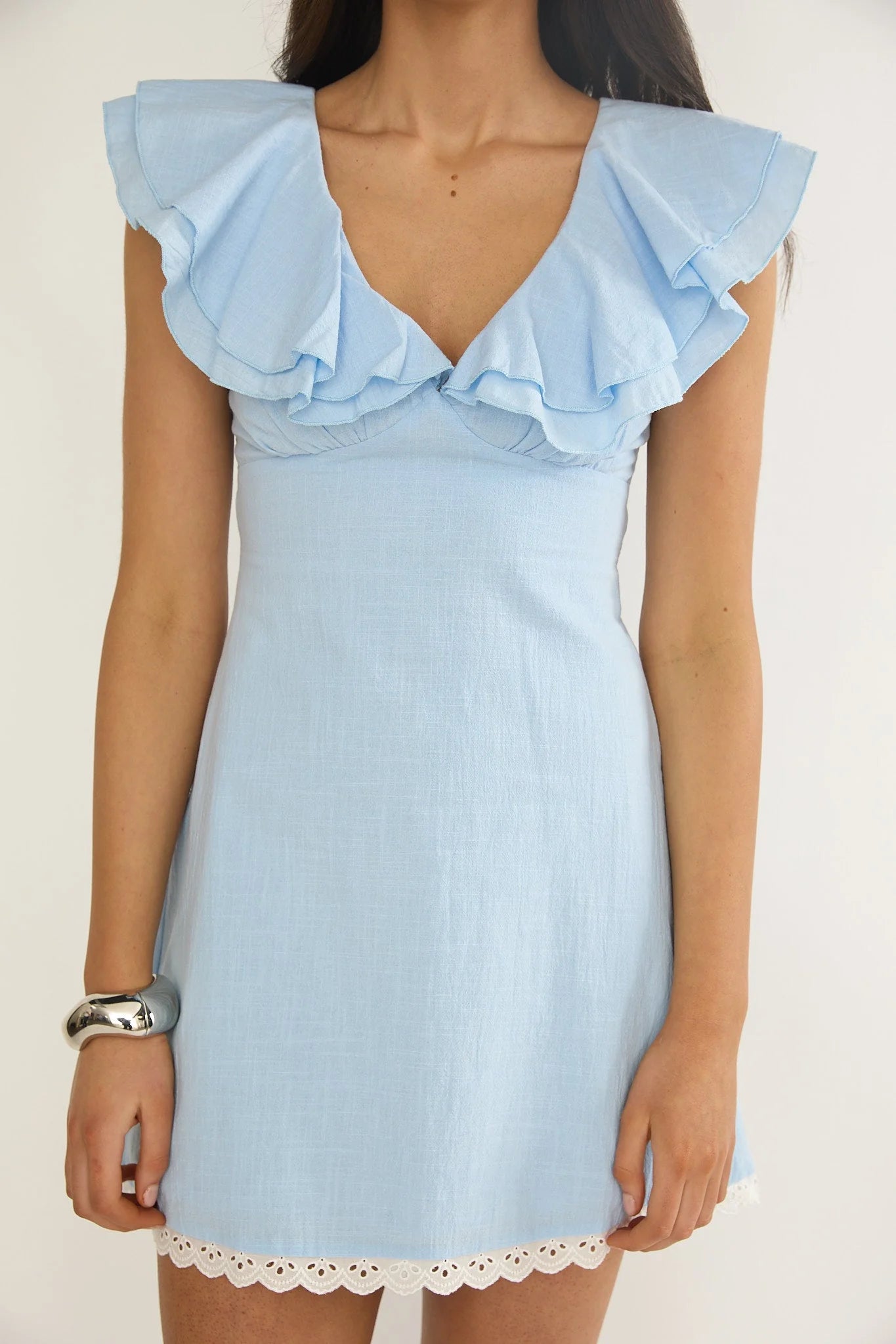 Elegeleges Layered Ruffle Neckline Mini Dress Blue