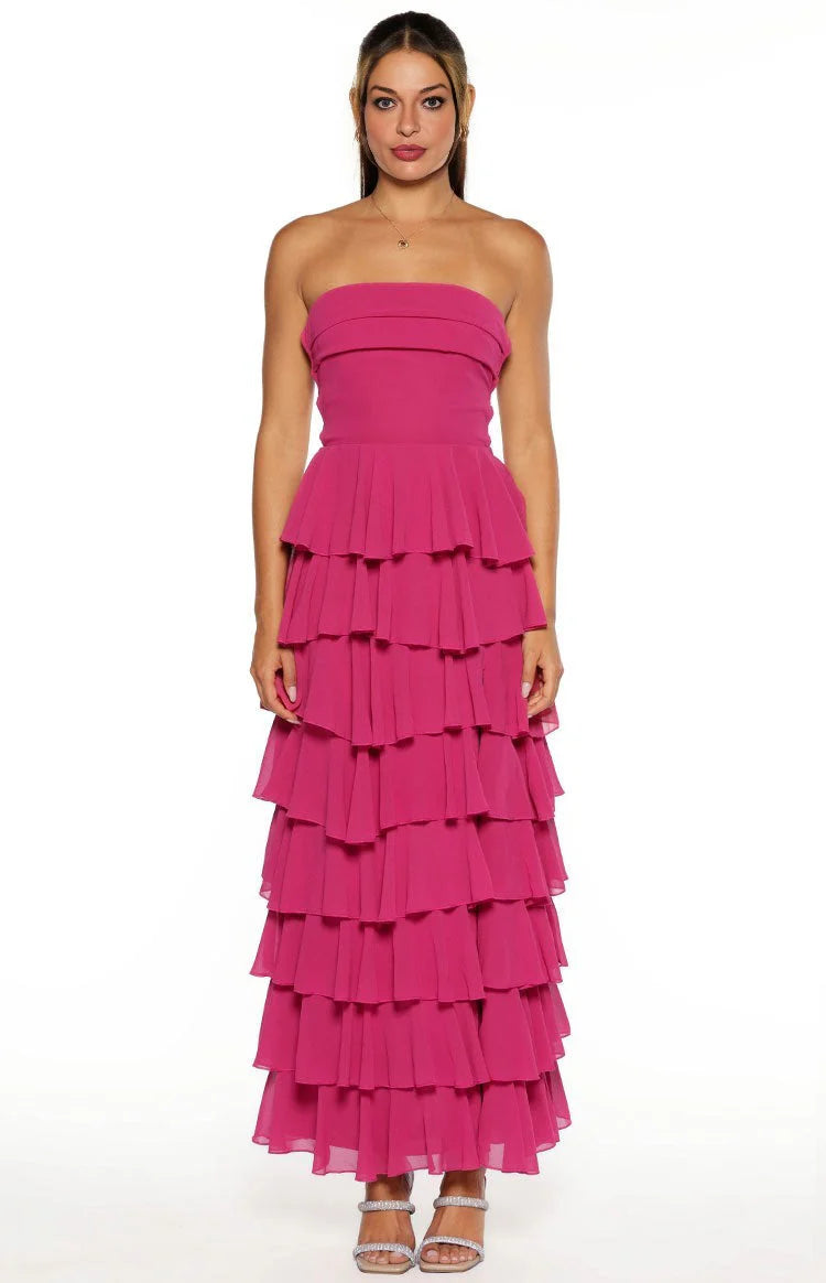 Elegeleges Multi-Color Strapless Ruffle Maxi Dresses