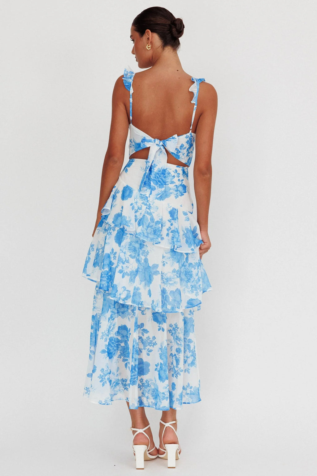 Veda Ruffle Strap Split Maxi Dress Floral White/Blue