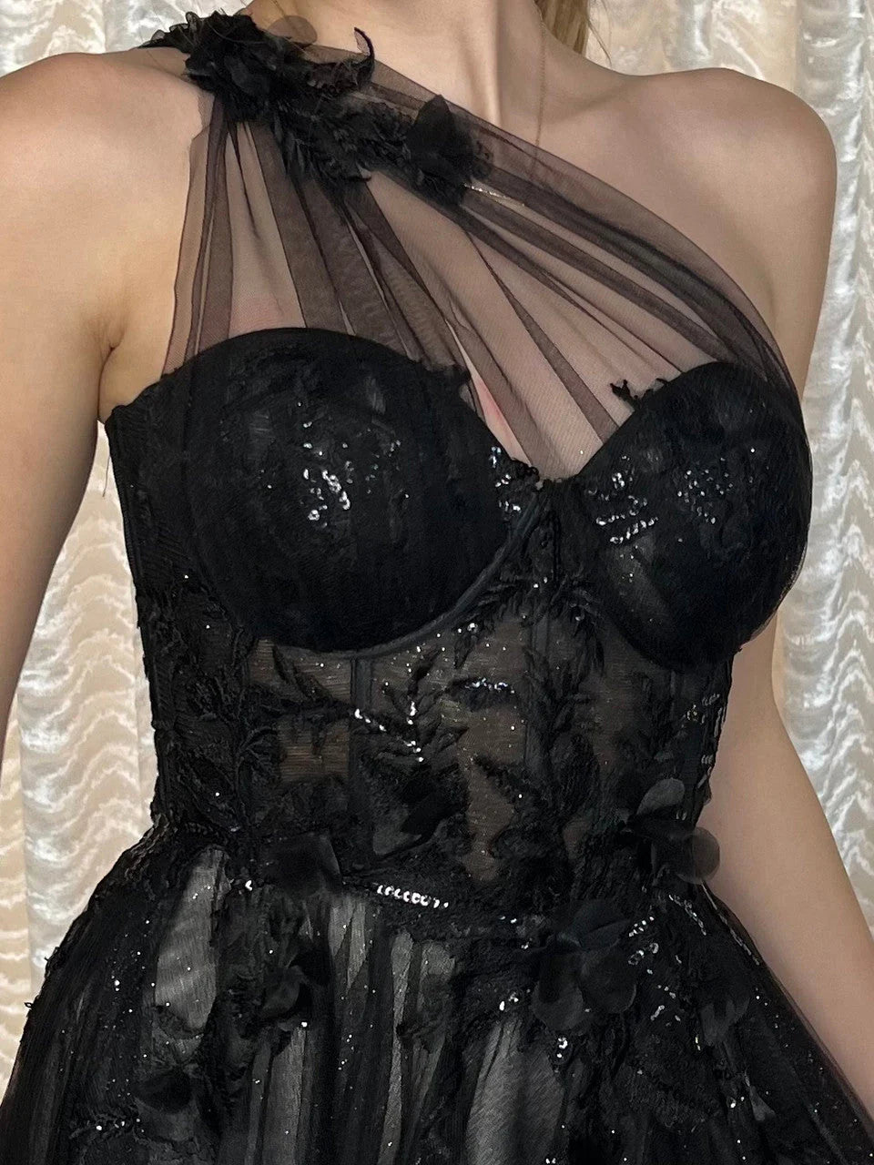 A1053 - Leila One Shoulder A-Line Tulle Gown with Floral Appliqué - Black - Andrea & Leo