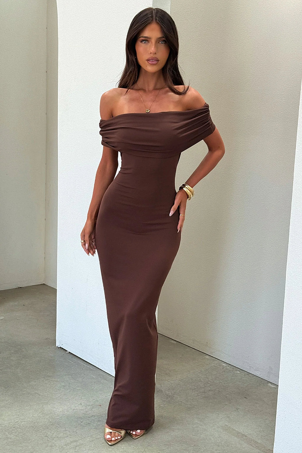 Jackie Off-Shoulder Maxi Dress - Brown