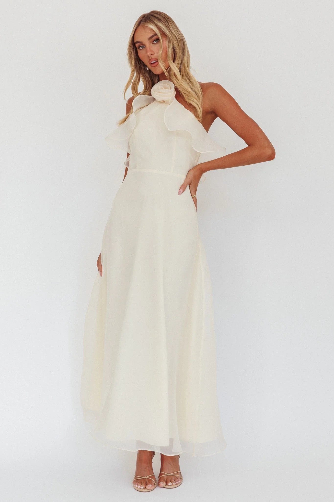 Cordially Invited Ruffle Neckline Rosette Maxi Vanilla