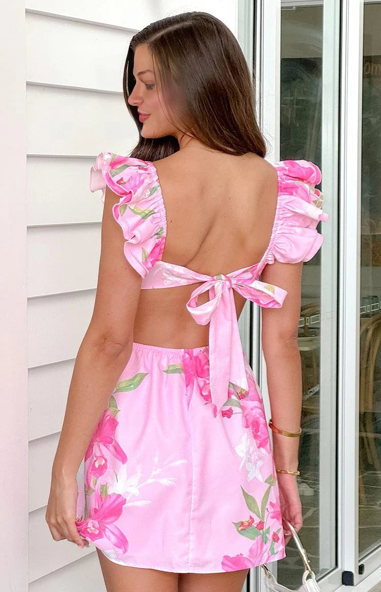 Elegeleges Pink Floral Print Mini Dress