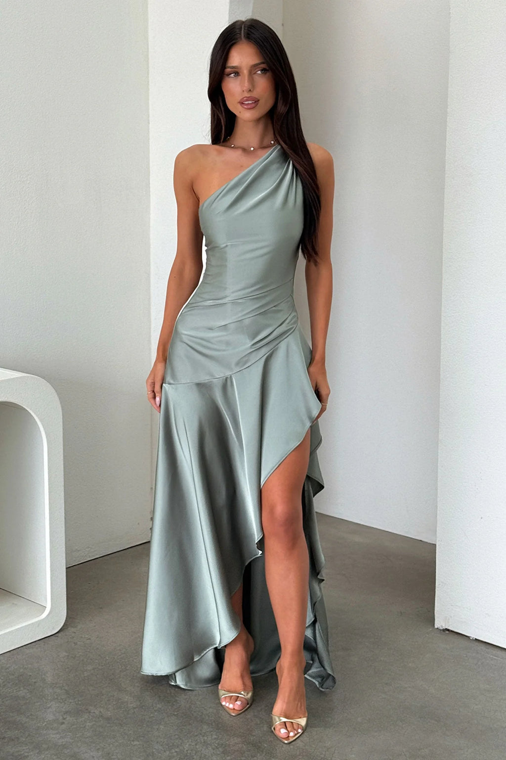 Leni One Shoulder Satin Maxi Dress - Olive