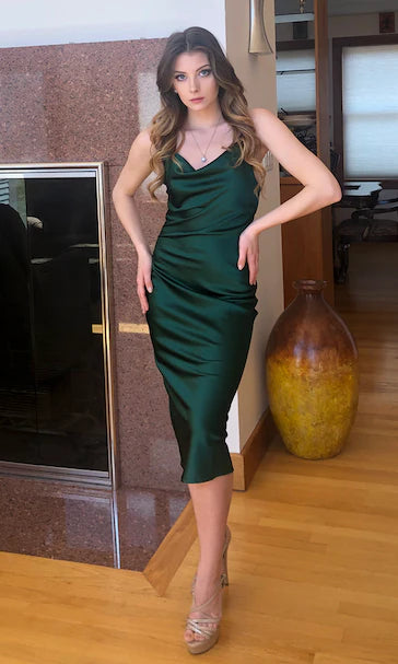 Aspen Midi Dress - Emerald Green Satin Slip Dress