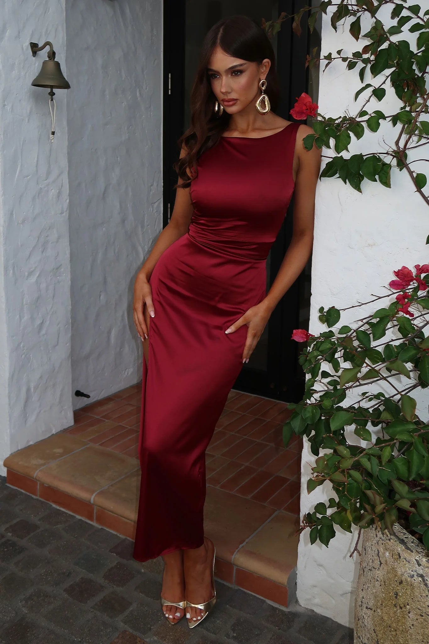 Kensington High Neck Satin Maxi Dress - Burgundy