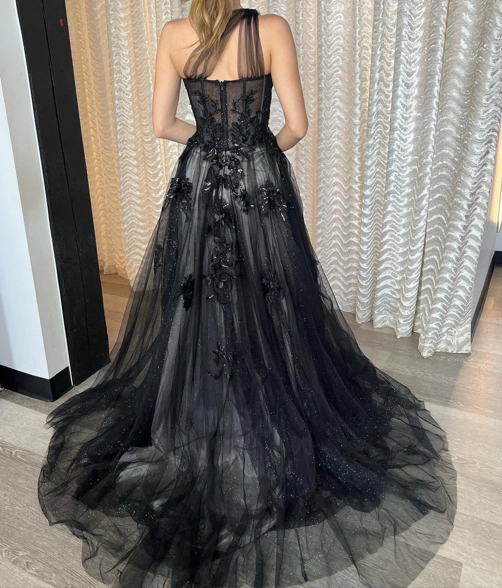 A1053 - Leila One Shoulder A-Line Tulle Gown with Floral Appliqué - Black - Andrea & Leo
