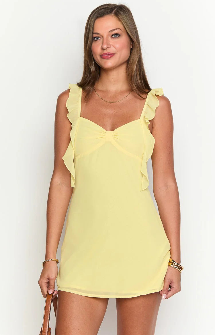 Elegeleges Yellow Chiffon Ruffle Mini Dress