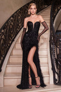 Tanya Gown - Feather Trim Sequin Dress - Black