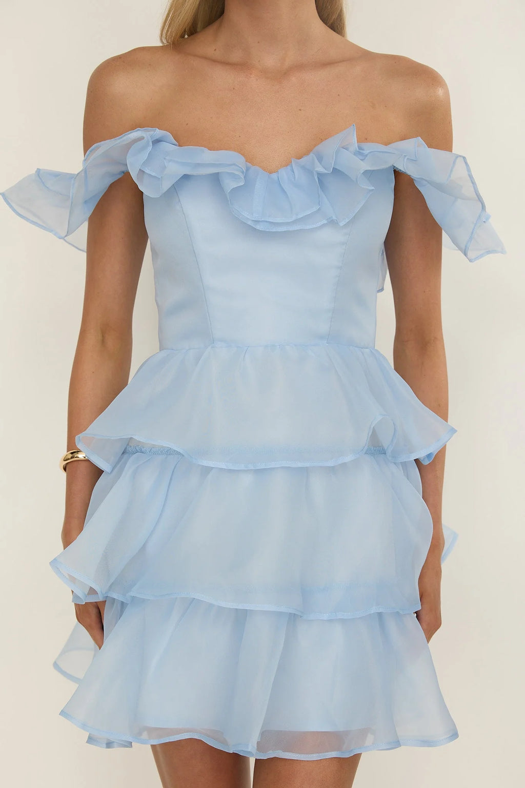 Elegeleges Off-Shoulder Ruffle Mini Dress Sky Blue