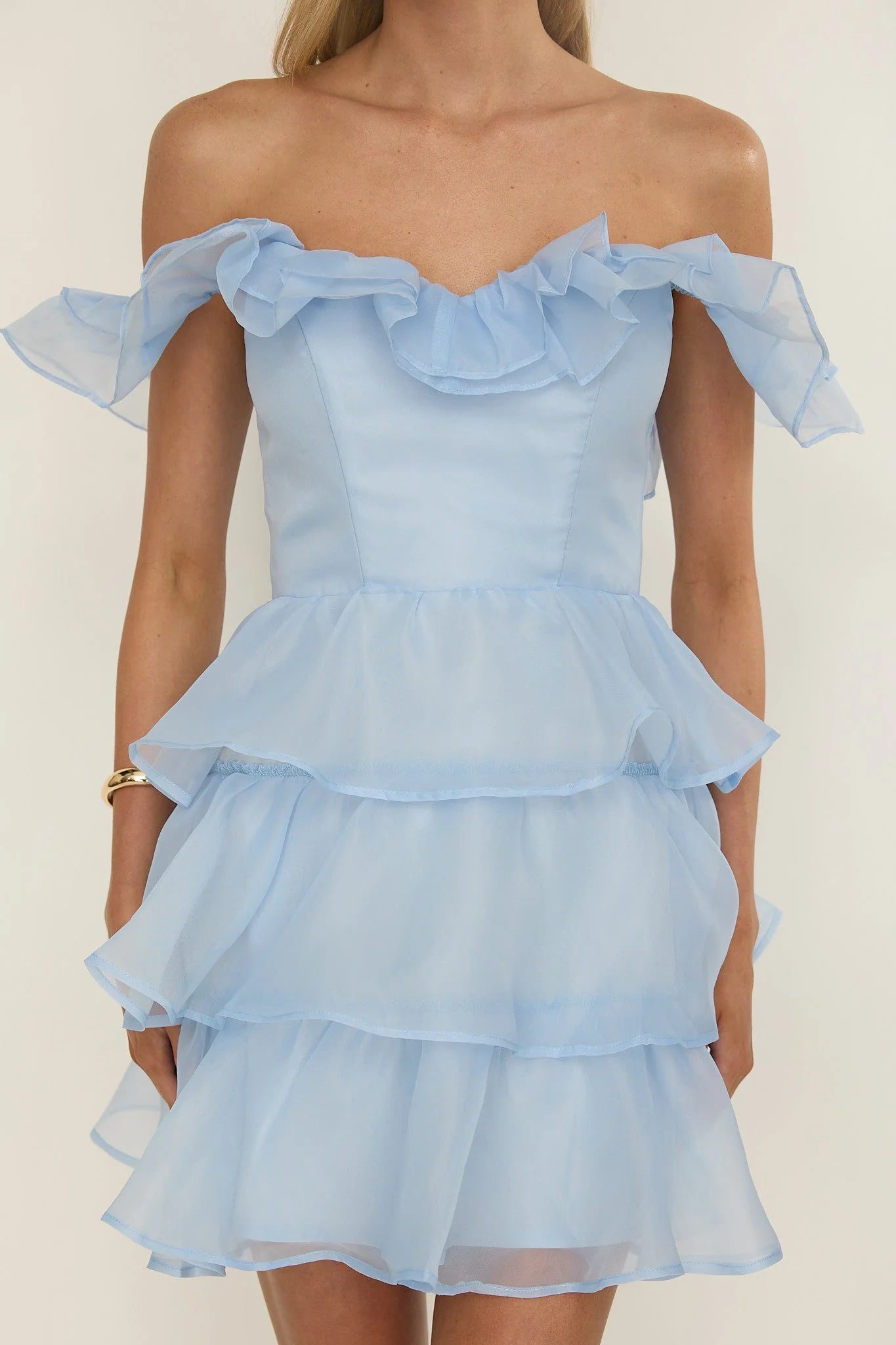 Elegeleges Off-Shoulder Ruffle Mini Dress Sky Blue