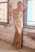 Calliope Gown - Gold - STRETCH SATIN GLITTER & LACE FITTED GOWN