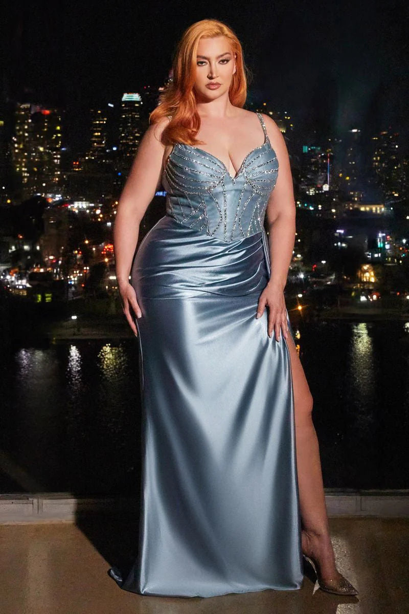 LIBERTY GOWN - DUSTY BLUE - FITTED SATIN GOWN WITH BEADED BODICE