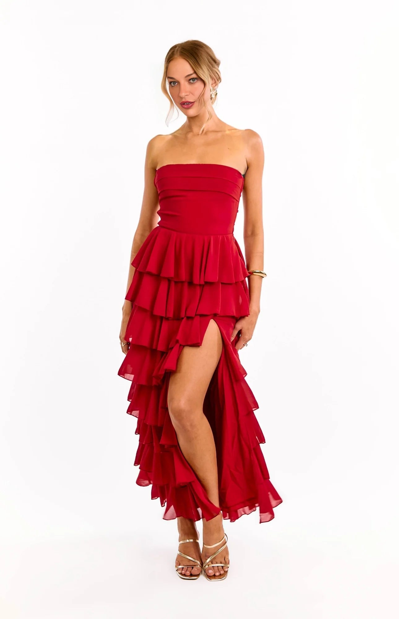 Elegeleges Multi-Color Strapless Ruffle Maxi Dresses
