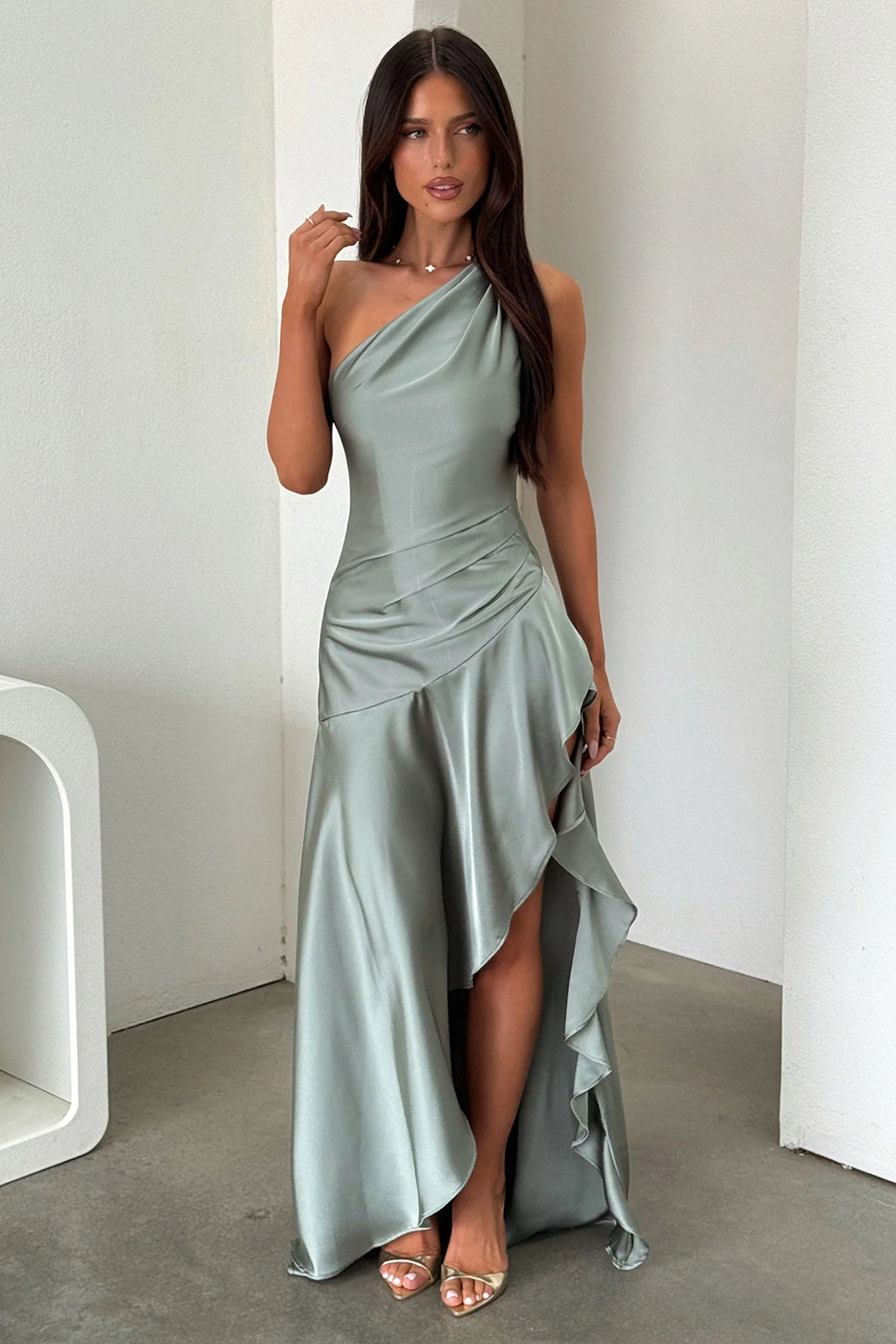Leni One Shoulder Satin Maxi Dress - Olive