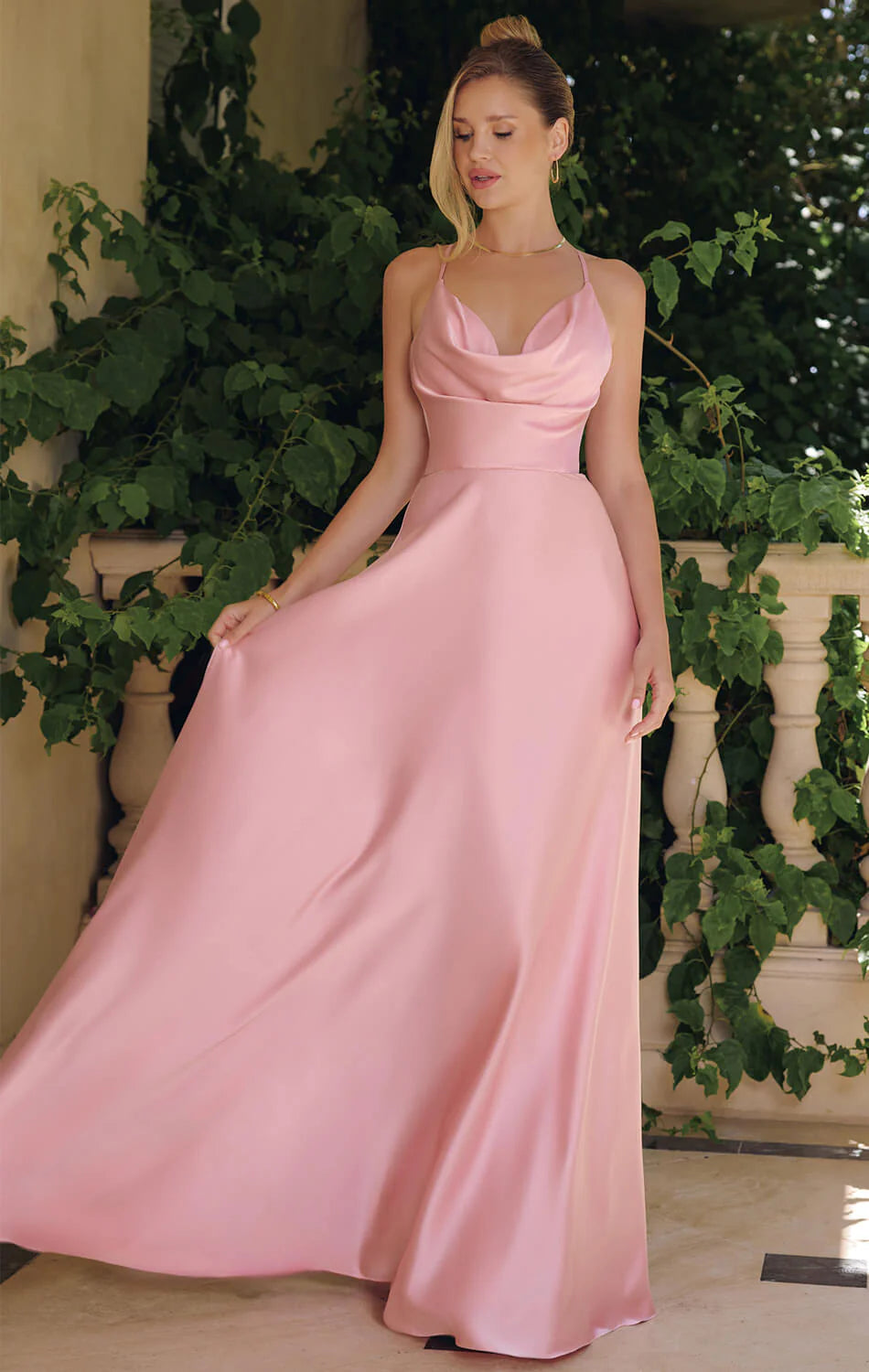 WILLOW GOWN - A-LINE SATIN DRESS WITH COWL NECKLINE