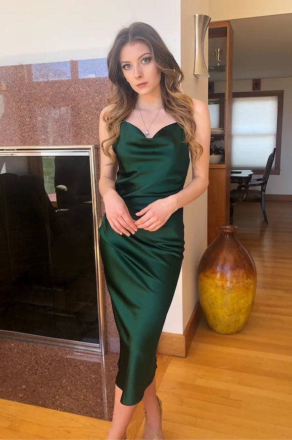 Aspen Midi Dress - Emerald Green Satin Slip Dress
