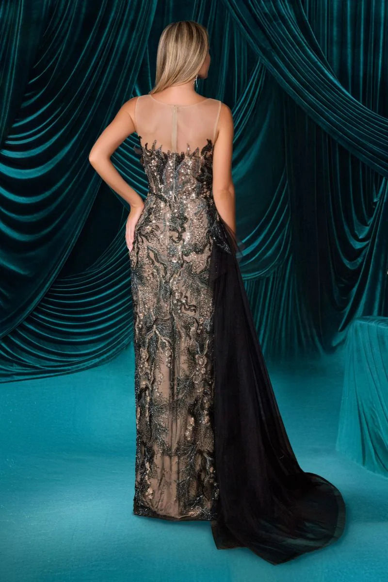 A1489 - FITTED GOWN WITH ILLUSION NECKLINE - Andrea & Leo