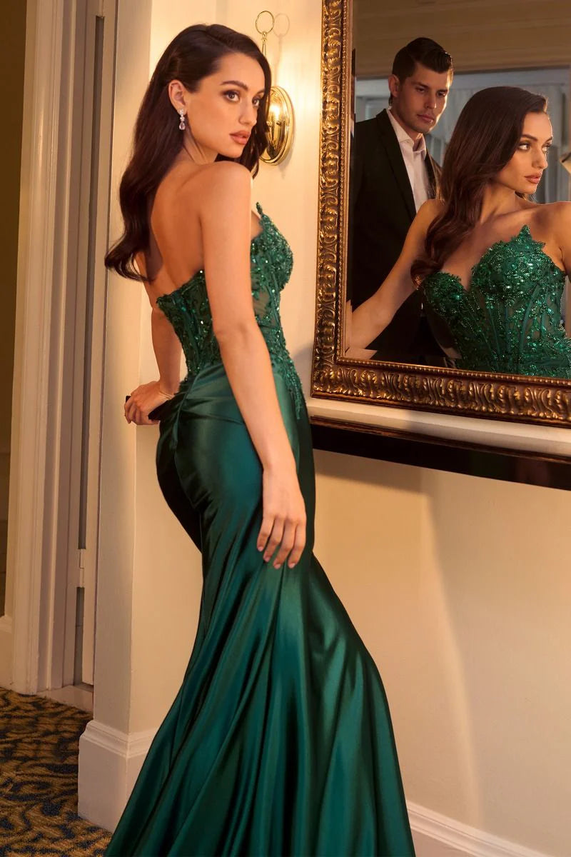 ALEXIS GOWN - SATIN & LACE STRAPLESS FITTED GOWN