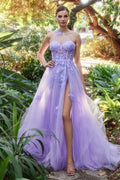 A1053 - Leila One Shoulder A-Line Tulle Gown with Floral Appliqué - Lilac - Andrea & Leo