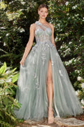 A1053 - Leila One Shoulder A-Line Tulle Gown with Floral Appliqué - Sage - Andrea & Leo