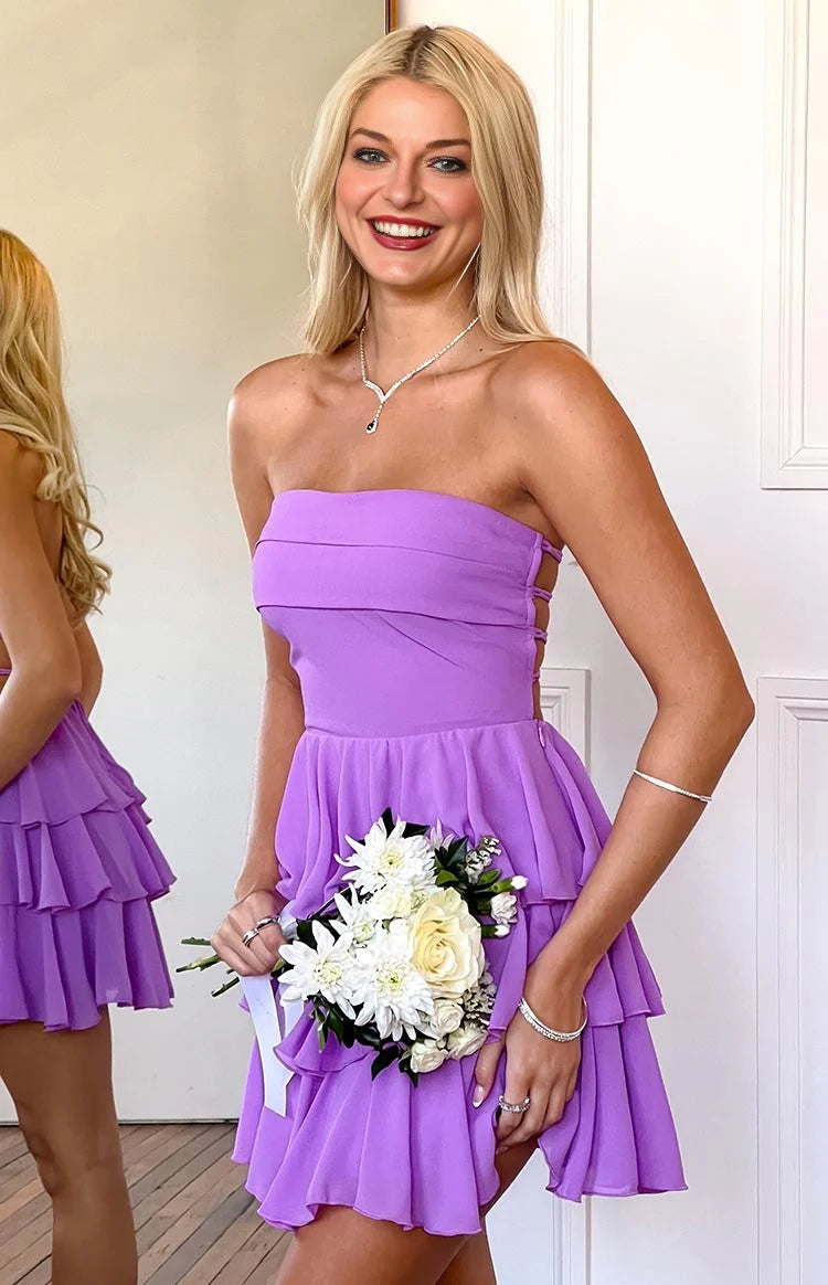 Elegeleges Magenta Strapless Ruffle Mini Dress