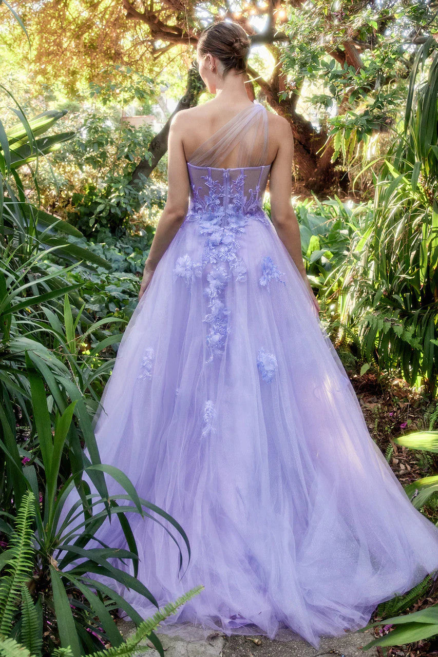 A1053 - Leila One Shoulder A-Line Tulle Gown with Floral Appliqué - Lilac - Andrea & Leo