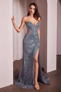 Lotus Gown - Smoky Blue - EMBELLISHED STRAPLESS GOWN