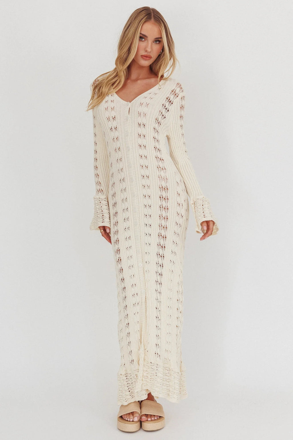 Portside Long Sleeve Knit Maxi Dress Cream