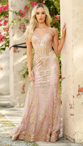 Lyra Gown - Rose Gold - FITTED FLORAL GLITTER PRINT CORSET GOWN