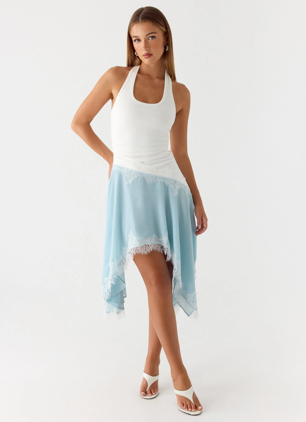 Brionee Midi Dress - Pale Blue & White