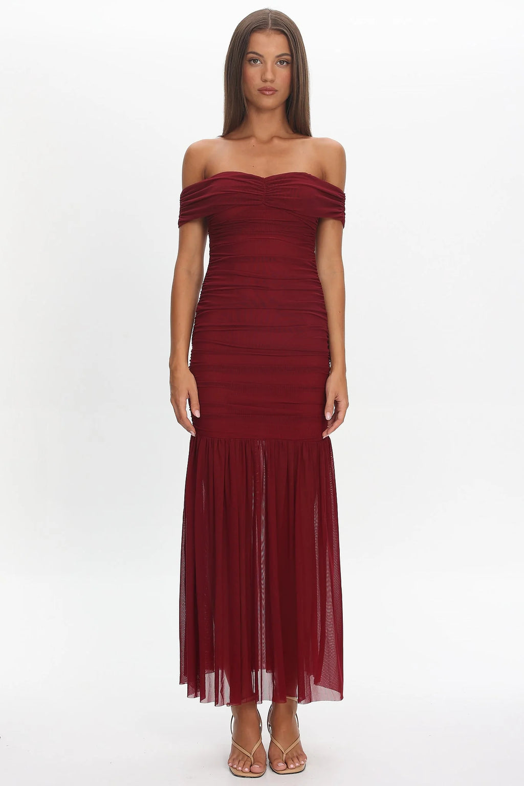 La Salle Off Shoulder Mesh Maxi Dress Wine