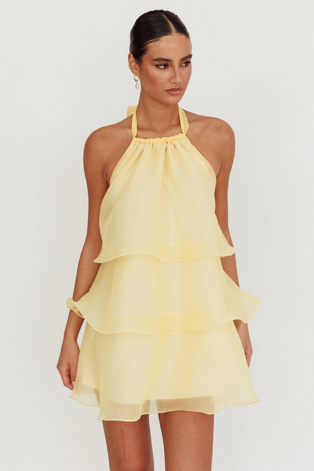 Tulips Tiered Halterneck Mini Dress Lemon